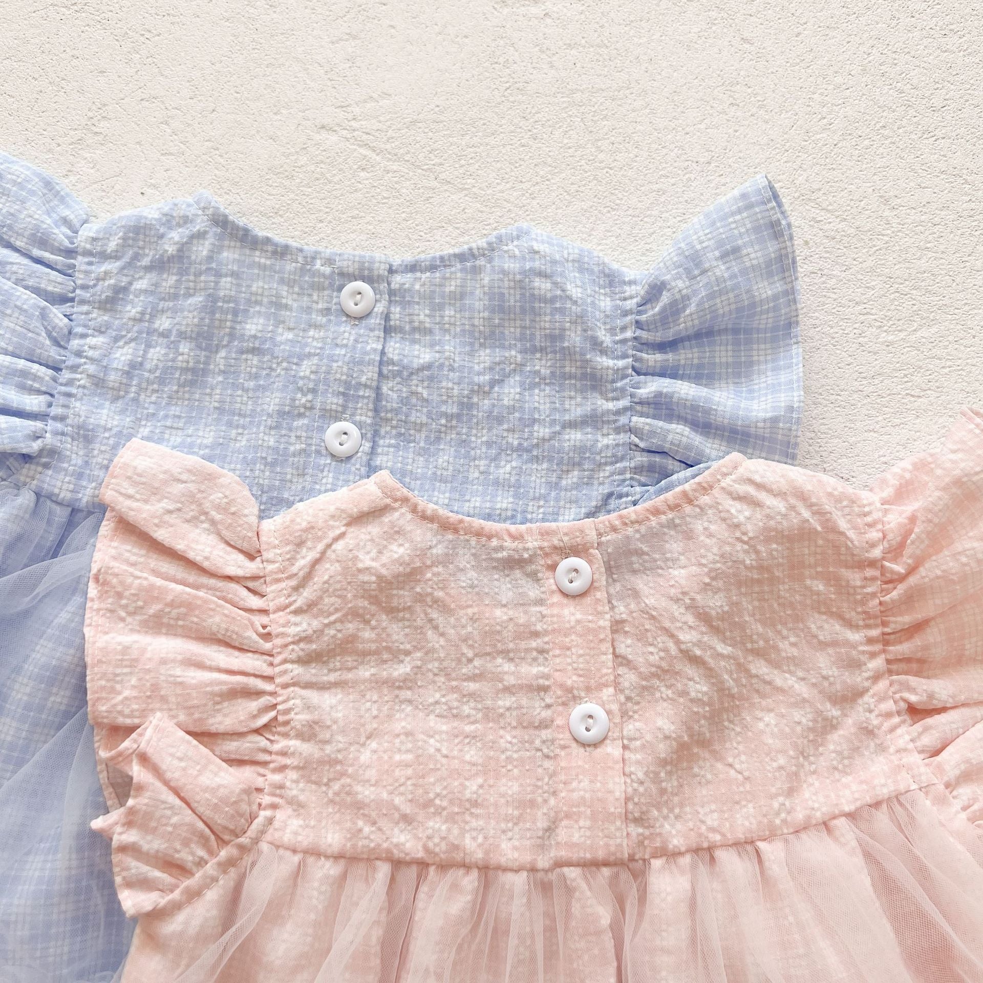 Baby Girl Grid Pattern Combo Mesh Design Round Collar Short-Sleeved Onesies My Kids-USA