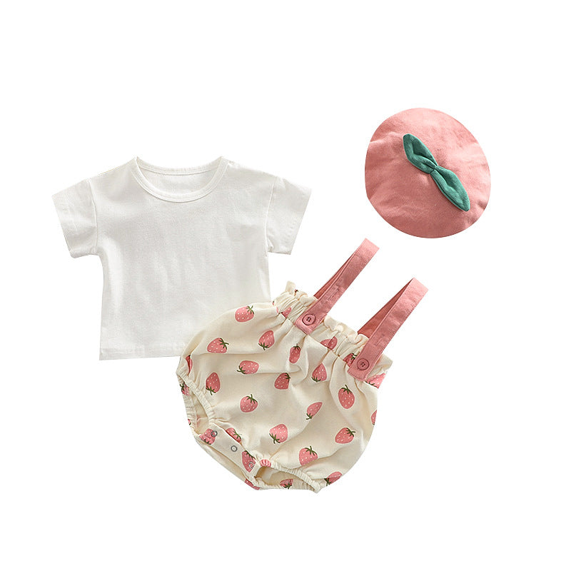Baby Girl Solid Color Combo Strawberries Pattern Strap Shorts With Hat 1 Pieces Sets My Kids-USA