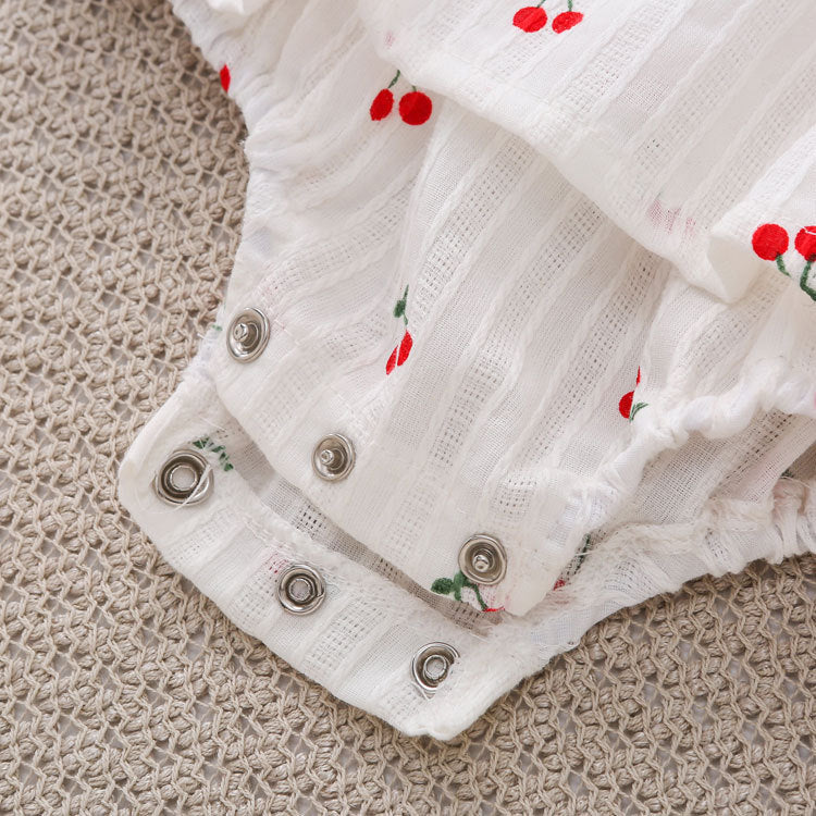 Baby Girls Cherry Print Pattern Lace Design Round Collar Sleeveless Dress Onesies My Kids-USA