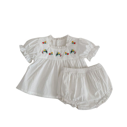 Baby Girl Floral Embroidered Pattern Tops With Shorts Sets
