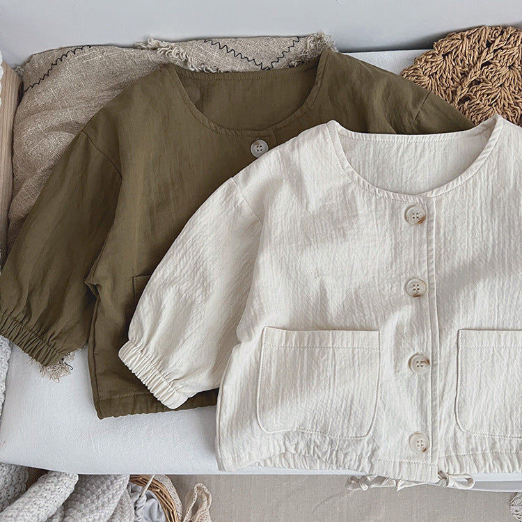 Chaqueta de abrigo estilo vintage de algodón arrugado Mori de color liso para bebé 
