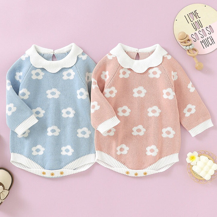 Baby Girl Floral Pattern Big Ruffle Collar Knit Cute Onesies My Kids-USA