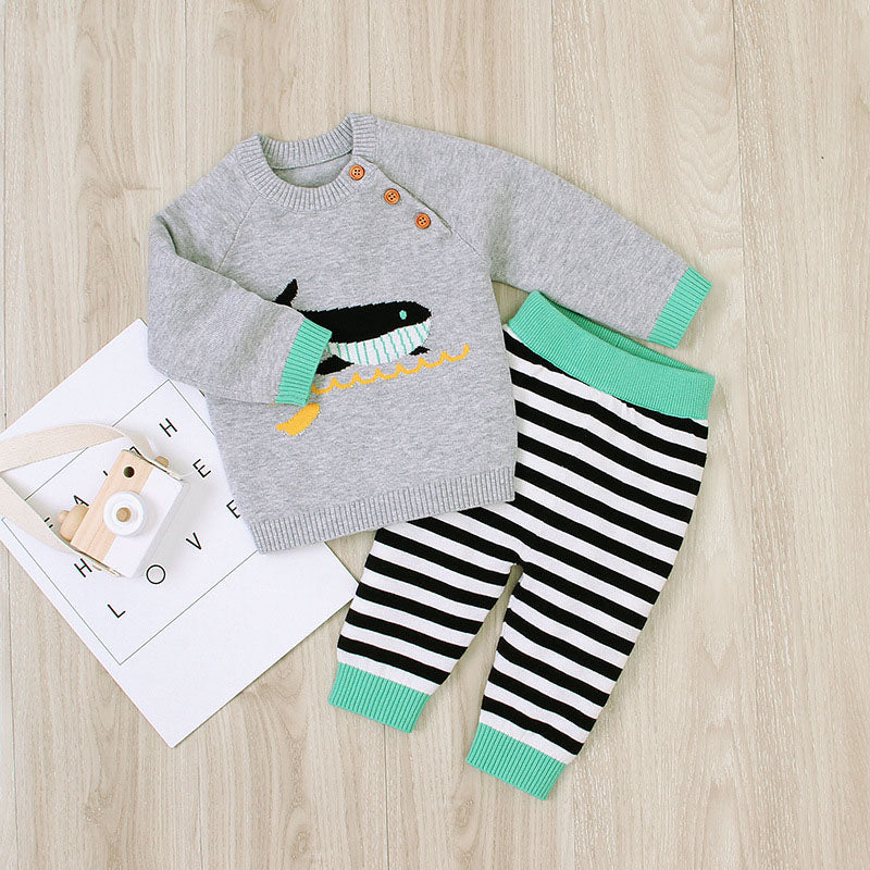 Baby Boy Cartoon Animal Embroidered Pattern Shoulder Button Design Pullover Sweater & Striped Trousers Sets My Kids-USA