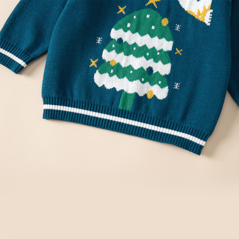 Baby Santas & Christmas Tree Graphic Shoulder Button Design Pullover Sweater My Kids-USA
