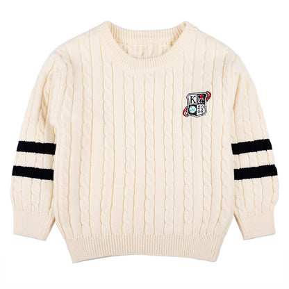 Baby Logo Patch Pattern Side Striped Sleeves Conchet Knit Sweater My Kids-USA
