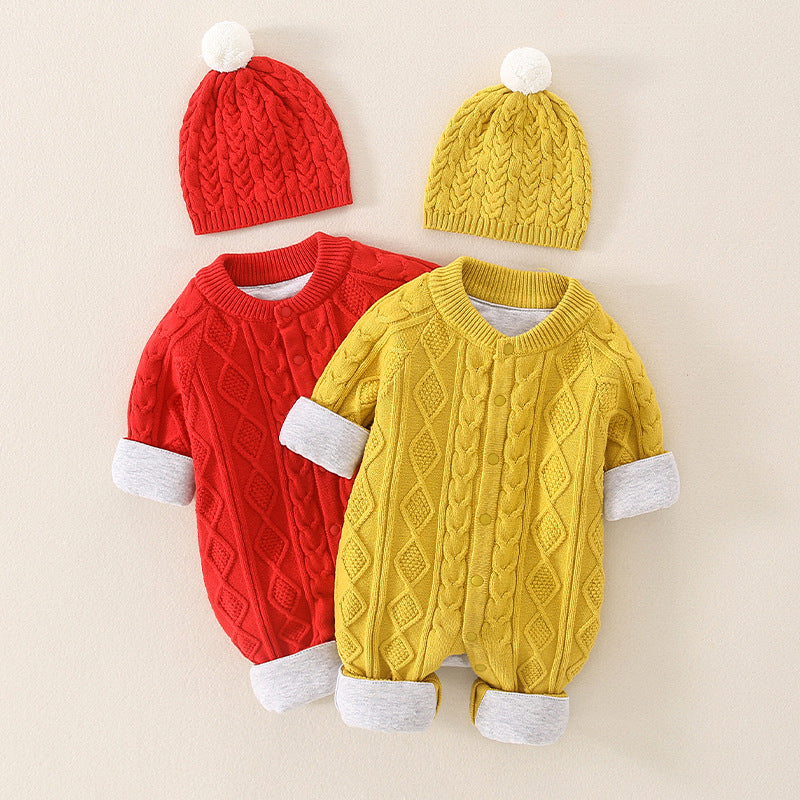 Barboteuse épaissie thermique à motif tricoté au crochet de couleur unie pour bébé 