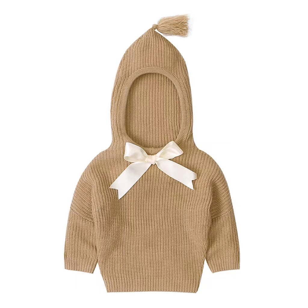Baby Girl Solid Color Bow Tie Patched Design Simply Style Knitted Hoodies Sweater My Kids-USA