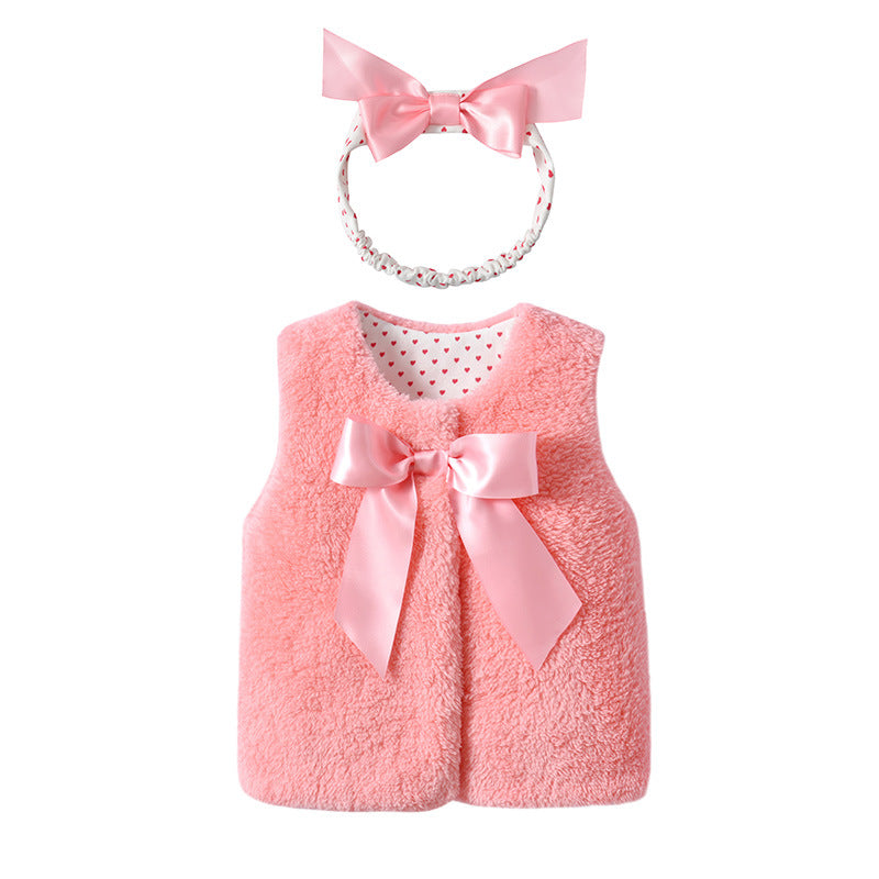 Baby Girl 1pcs Bow Tie Patched Design Sleeveless Coral Fleece Outing Coat My Kids-USA