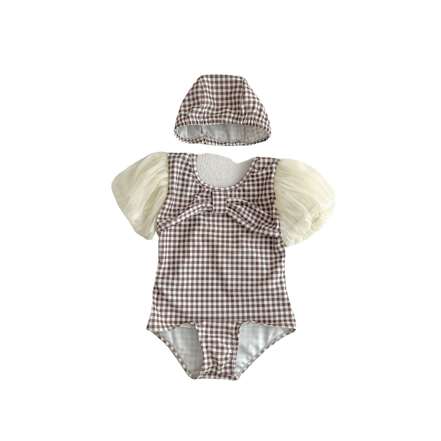 Baby Girl Plaid Pattern Mesh Sleeves Patchwork Swimwear With Hats