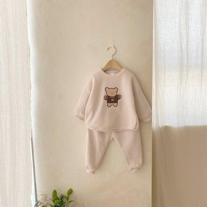 Baby Cartoon Bear Embroidered Pattern Waffle Fabric Hoodies Sets