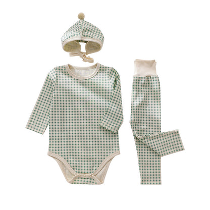Baby Plaid Pattern Onesies Combo Pants With Hat 1 Pieces Sets My Kids-USA