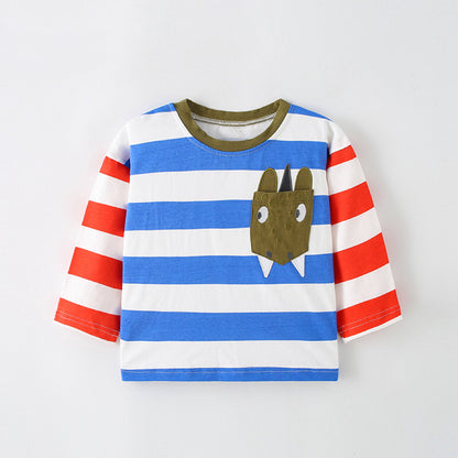 Baby Boy Striped Pattern Cartoon Patched Design Pullover Loose Quality Shirt