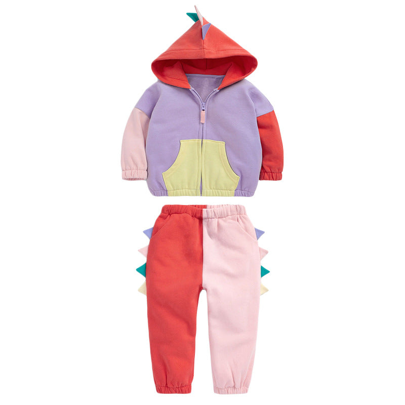 Baby Girl Color Matching Design Zipper Front Coat Combo Pants 1 Pieces Sets My Kids-USA