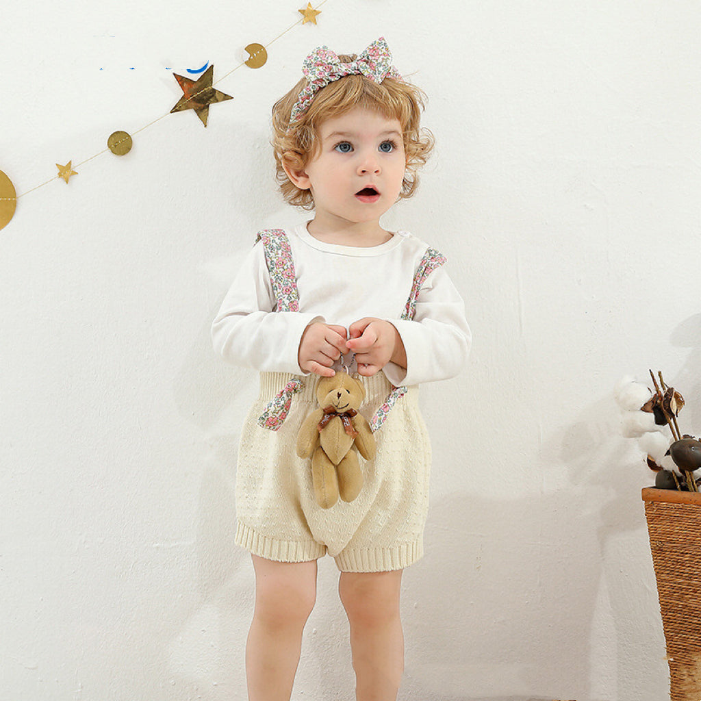 Baby Girl Ditsy Flower Sling Knitted Shorts Overalls With Headband