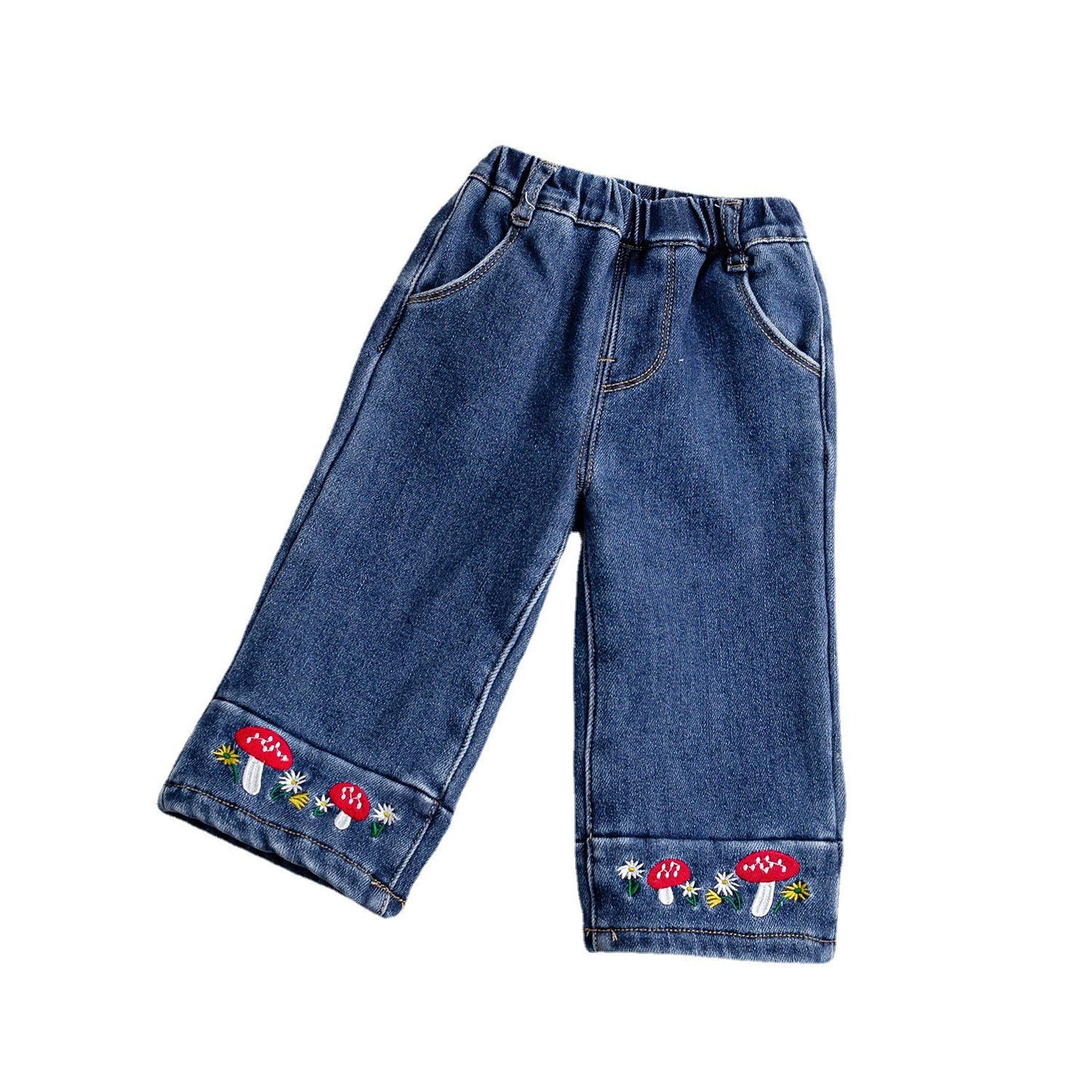 Baby Girl Embroidered Pattern Thickened Fleece Denim Pants My Kids-USA