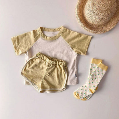 Baby Boys And Girls Color Patchwork Design Round Neck Short-Sleeved Top Combo Shorts Summer Cotton Sets My Kids-USA
