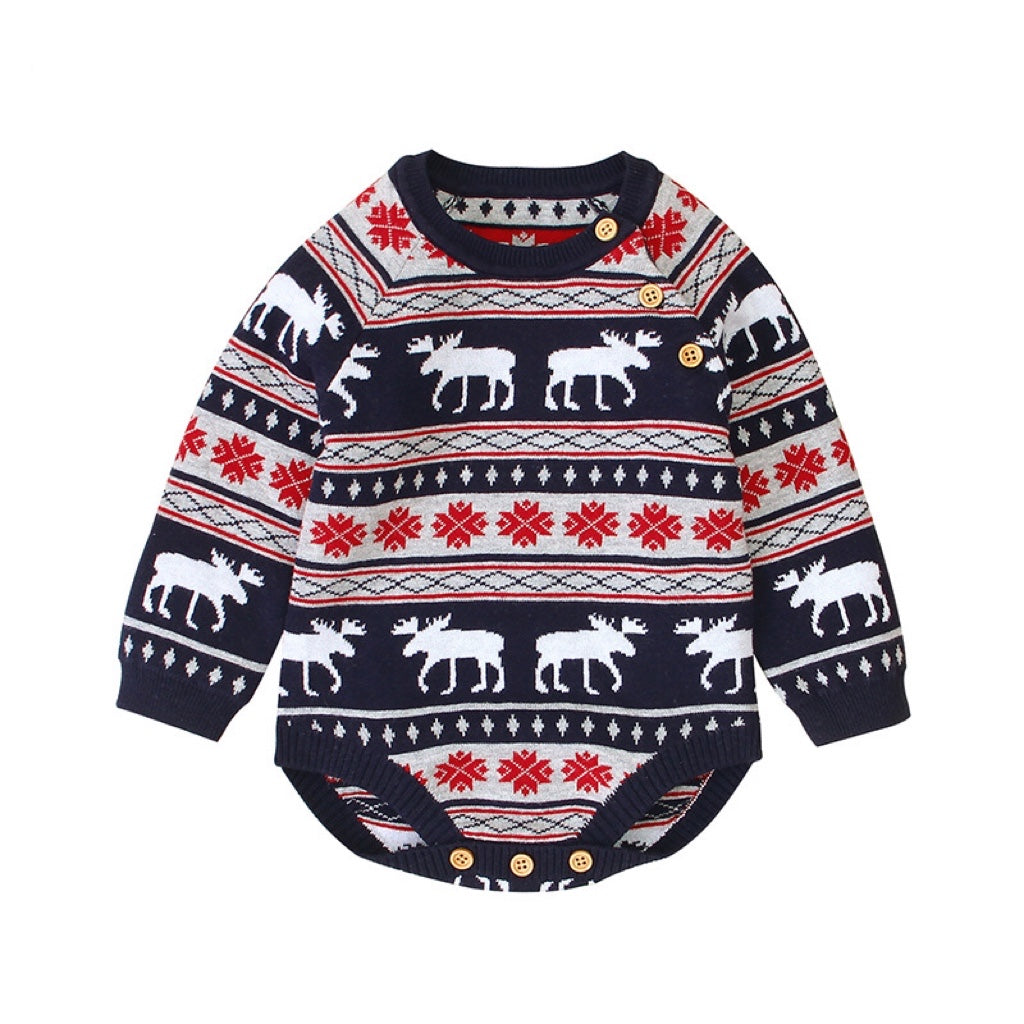 Baby Christmas Deer Pattern Shoulder Button Design Long Sleeved Onesies My Kids-USA