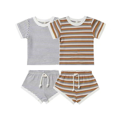 Kids Striped Pattern Contrasting Color Design Round Collar Short-Sleeved Top Combo Shorts Sets My Kids-USA