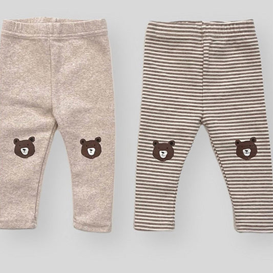 Baby Cartoon Bear Pattern Solid Color Or Striped Design Cotton Pants