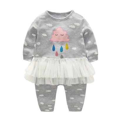 Baby Girl Cloud Print Pattern Mesh Patchwork Design Long Sleeved Cute Romper Jumpsuit My Kids-USA