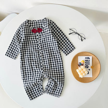 Baby Boy Plaid Pattern Bow Patched Design Cotton Jumpsuit My Kids-USA