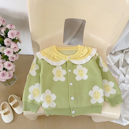 Baby Girl Flower Pattern Colorblock Design Knit Cardigan
