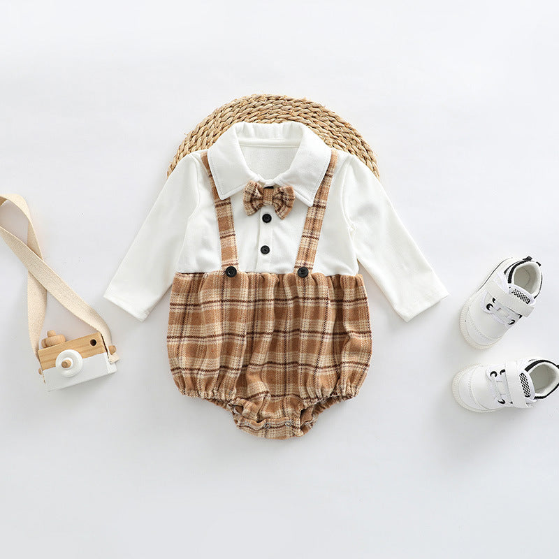 Baby Plaid Pattern False 1 Pieces Design Bow Tie Decoration Bodysuit My Kids-USA