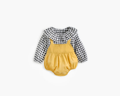 Baby Girl 1pcs Plaid Pattern False 1-Piece Design Ruffle Neck Onesies My Kids-USA
