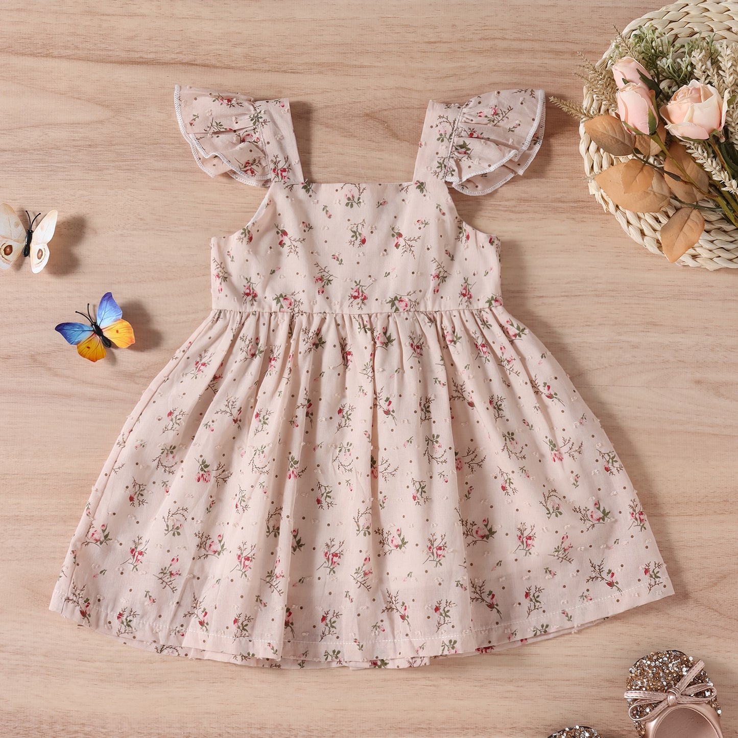 Baby Girl Ditsy Floral Print Butoon Front Butterfly Sleeve Dress My Kids-USA