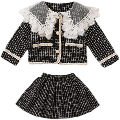 Baby Girl Plaid Pattern Mesh Patchwork Design Lapel Cardigan Combo Pleated Skirt Chanel’s Style Sets My Kids-USA