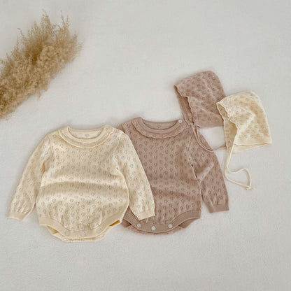 Baby Solid Color Thin Style Knit Onesies With Hats Sets