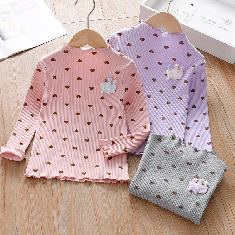 Baby Girl Heart Print Pattern Wooden Ear Design Cotton Shirt My Kids-USA
