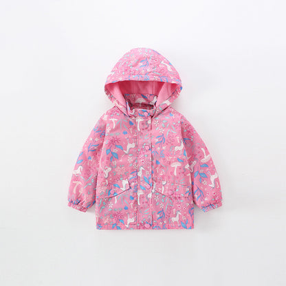 Baby Girl Cartoon & Floral Print Pattern Zipper Hooded Jacket Windbreaker My Kids-USA