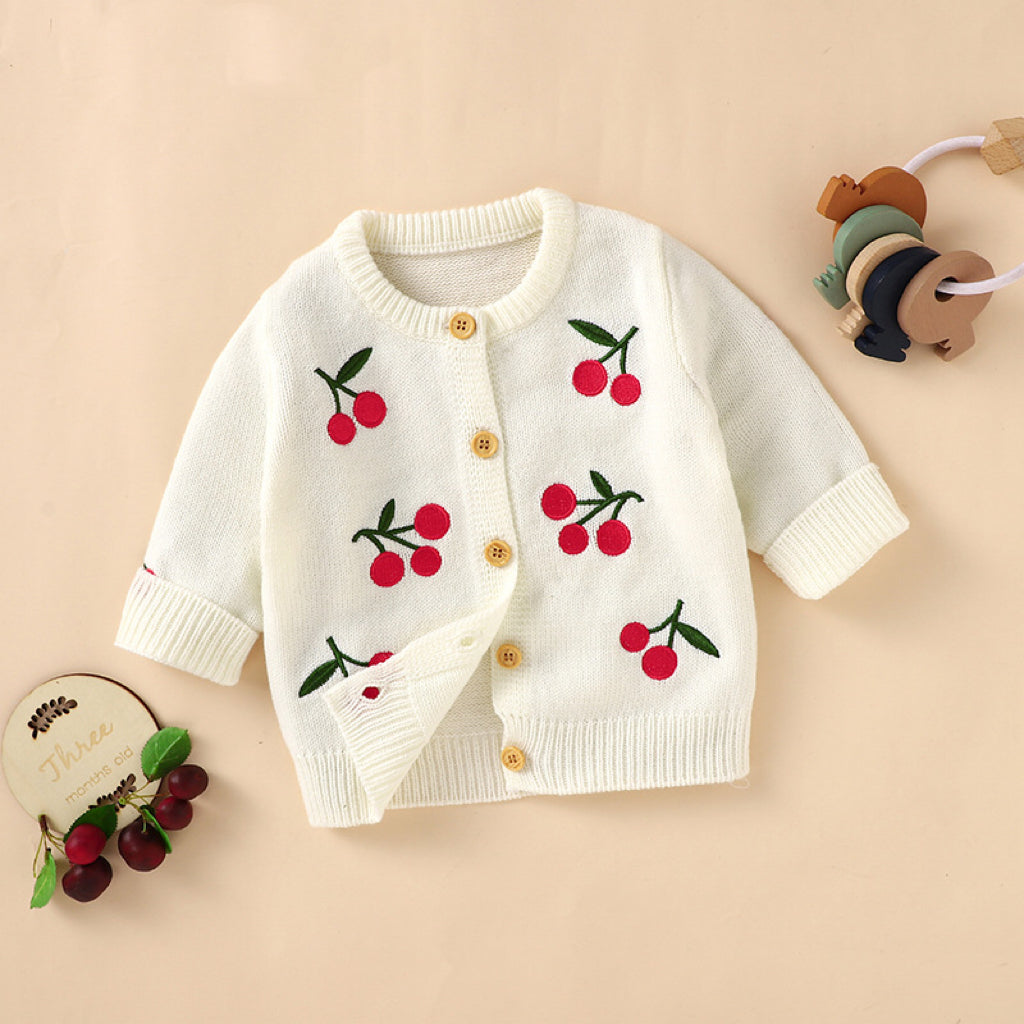 Baby Cherry Embroidered Pattern Single Breasted Design Knit Cardigan My Kids-USA
