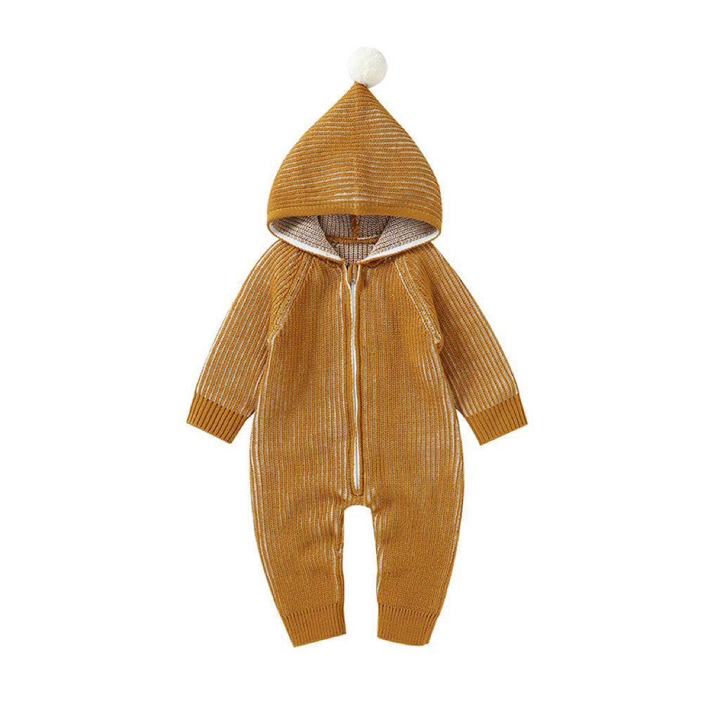 Baby Solid Color Zipper Front Design Hooded Knitted Romper My Kids-USA