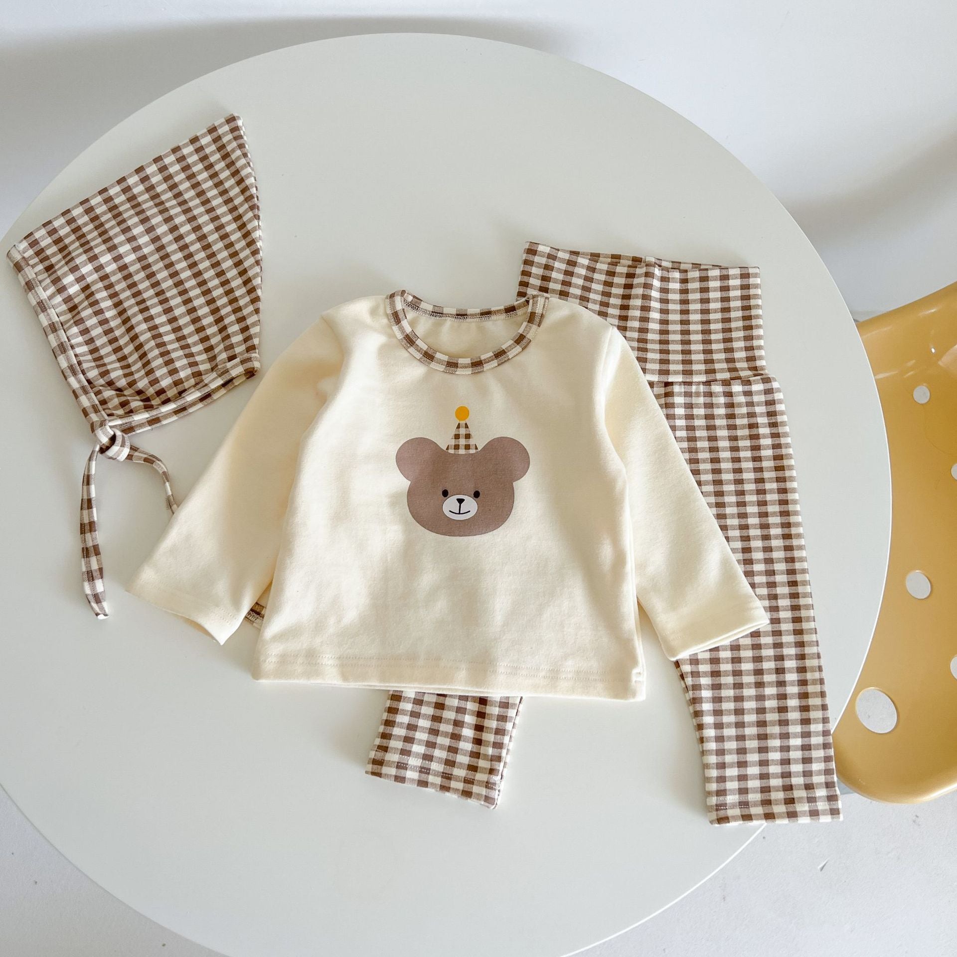 Baby Cartoon Bear Shirt Combo Plaid Pants Sets Home Clothes My Kids-USA