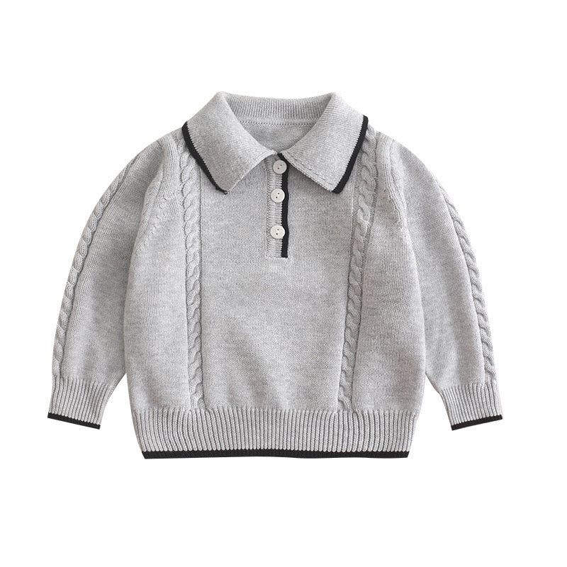 Baby Boy Solid Color Quarter Button Design Polo Neck College Style Pullover Sweater My Kids-USA