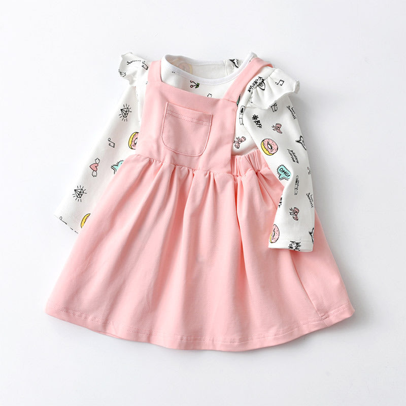 Baby Girl Cartoon Pattern Long Sleeve Tops Combo Solid Strap Dress Sets My Kids-USA