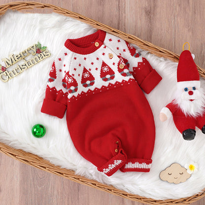 Baby Christmas Embroidered Graphic Side Button Design Knit Long Style Jumpsuit My Kids-USA