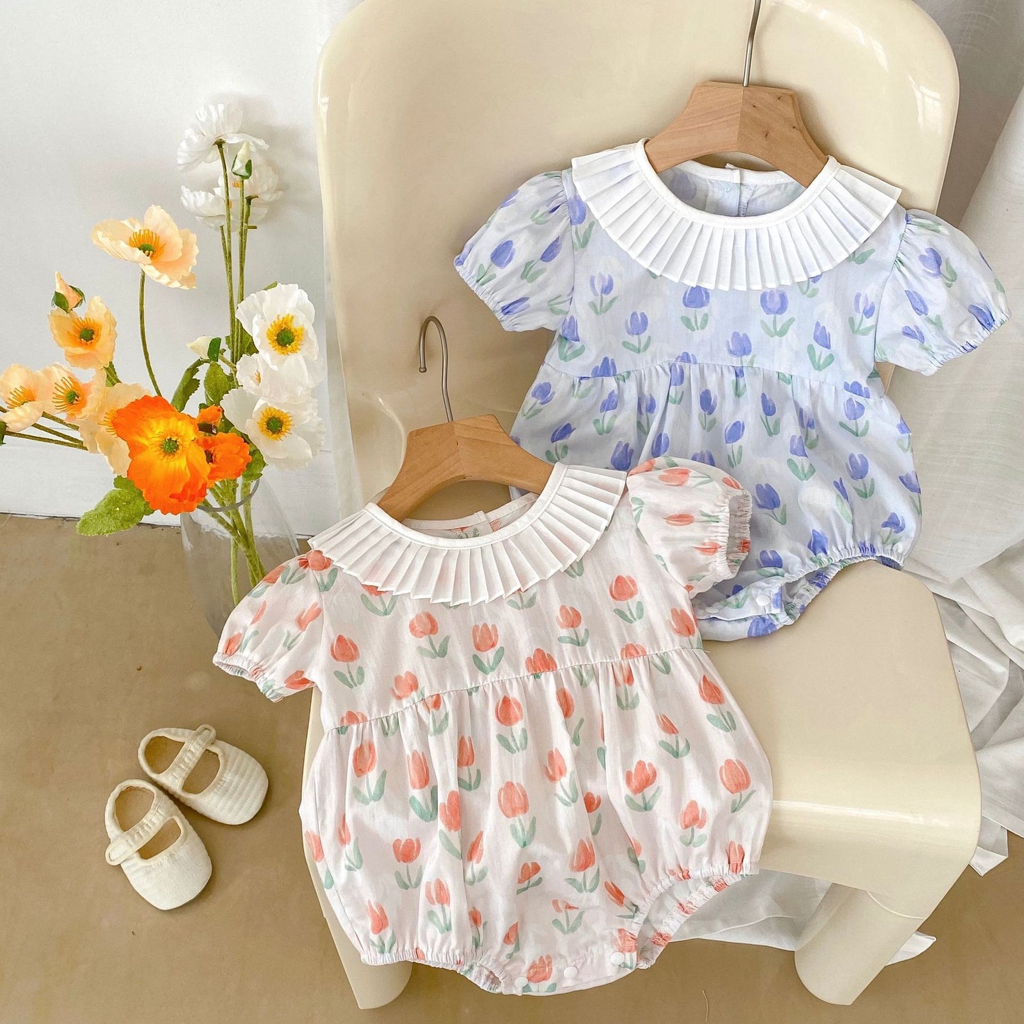 Baby Girl Floral Pattern Doll Neck Onesies In Summer