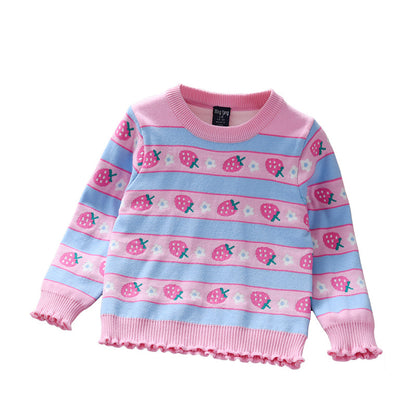 Baby Girl Strawberries Pattern Striped Design Pullover Knitted Sweater My Kids-USA