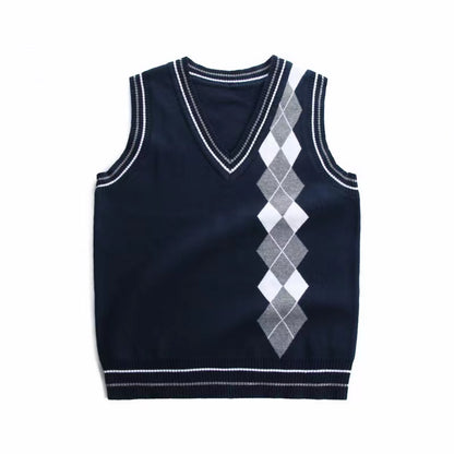 Boy And Girl Rhombus Pattern V-Neck College Style Sleeveless Vest Sweater My Kids-USA