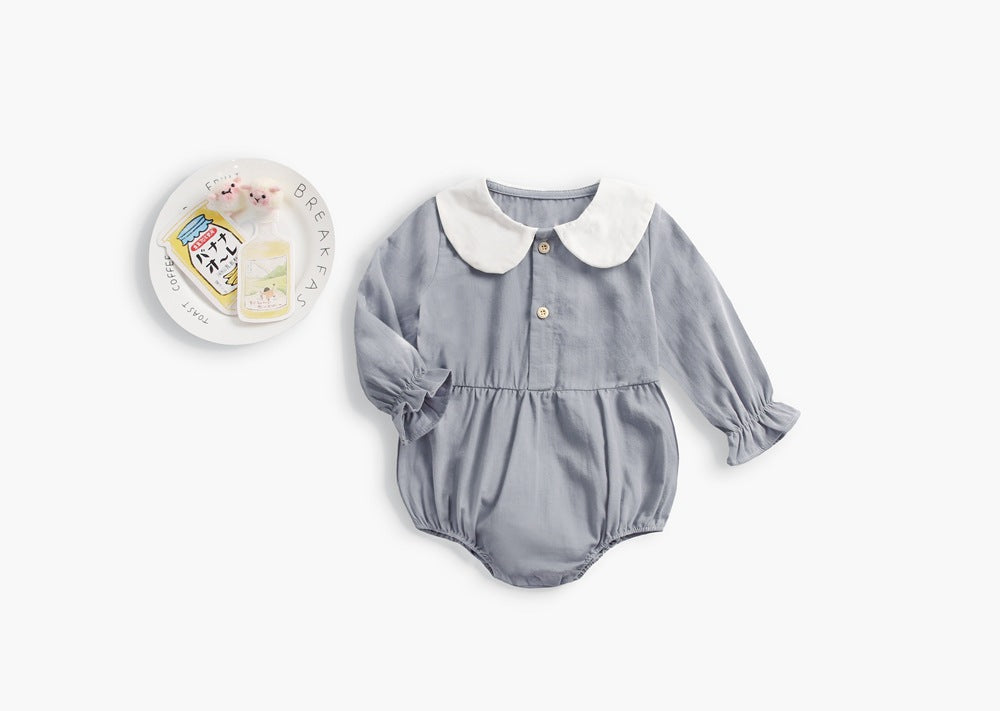 Baby Girl Doll Collar Design Solid Color Long Sleeve Onesies With Buttons My Kids-USA