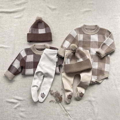 Baby Plaid Graphic Long Sleeve Crewneck Knit Thickened Onesies