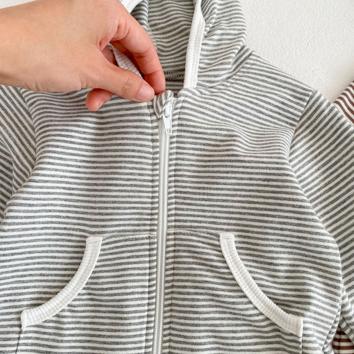 Baby Striped Pattern Zipper Front Design Hooded Romper