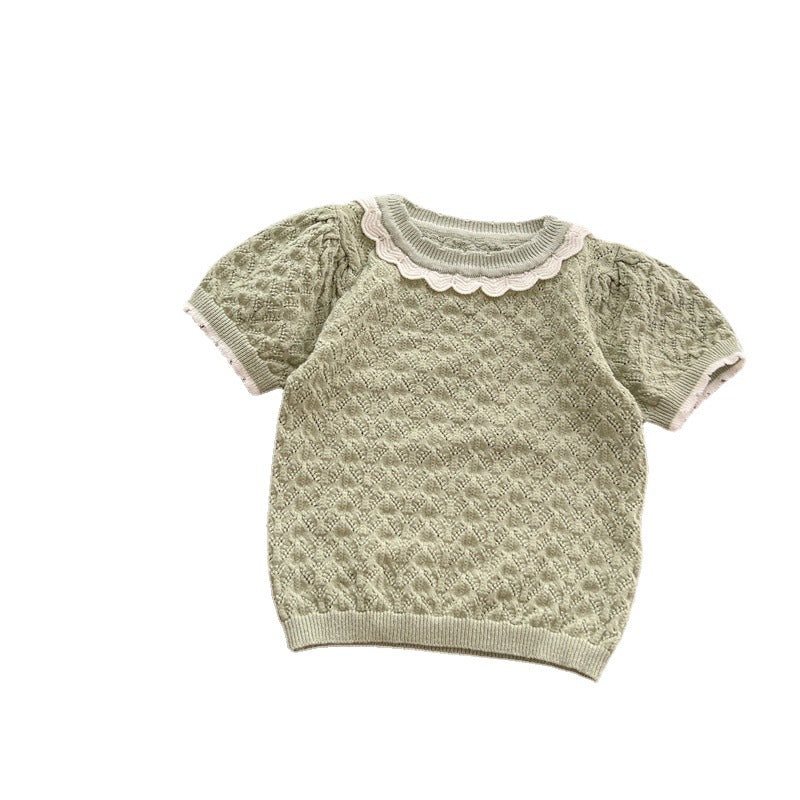 Baby Girl Hollow Carved Design Ruffle Design Cute Knit Tee