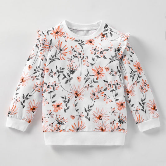 Baby Girl Ditsy Flower Graphic Ruffle Design New Style Sweet Hoodie