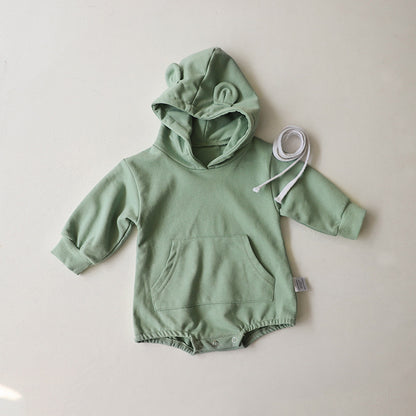 Baby 1pcs Solid Color 3D Bear Ears Patched Design Hoodie Triangle Cotton Bodysuit Onesies My Kids-USA
