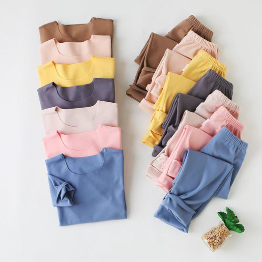 Kids Solid DE Velvet Fabric Round Collar Long-Sleeved Pajamas Sets