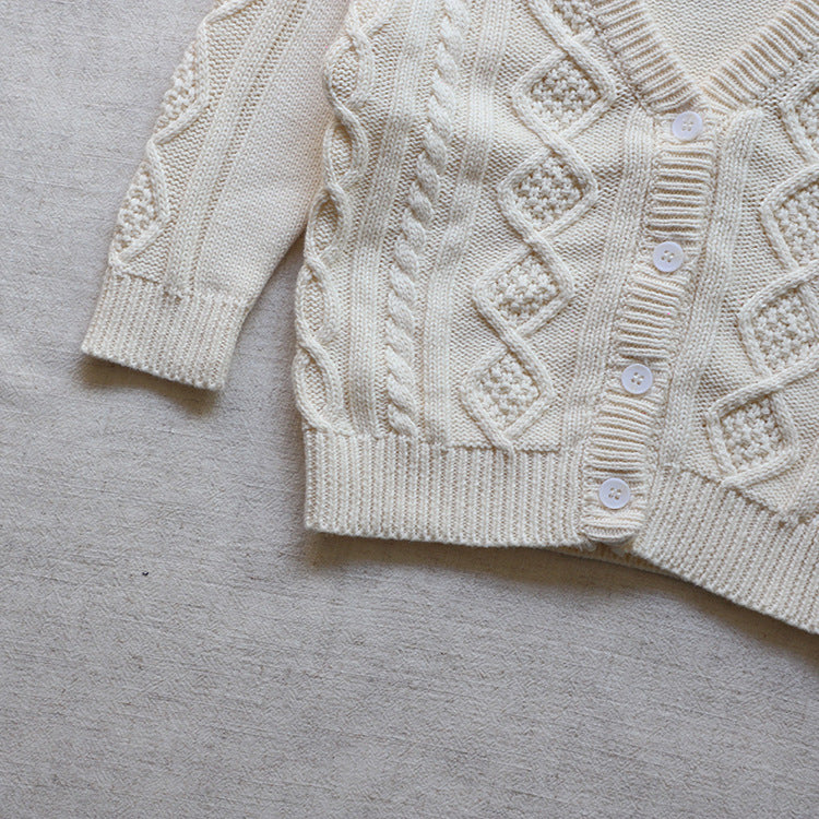 Bébé Crochet Kint Pattern Couleur unie V-Neck Single Breasted Cardigan 